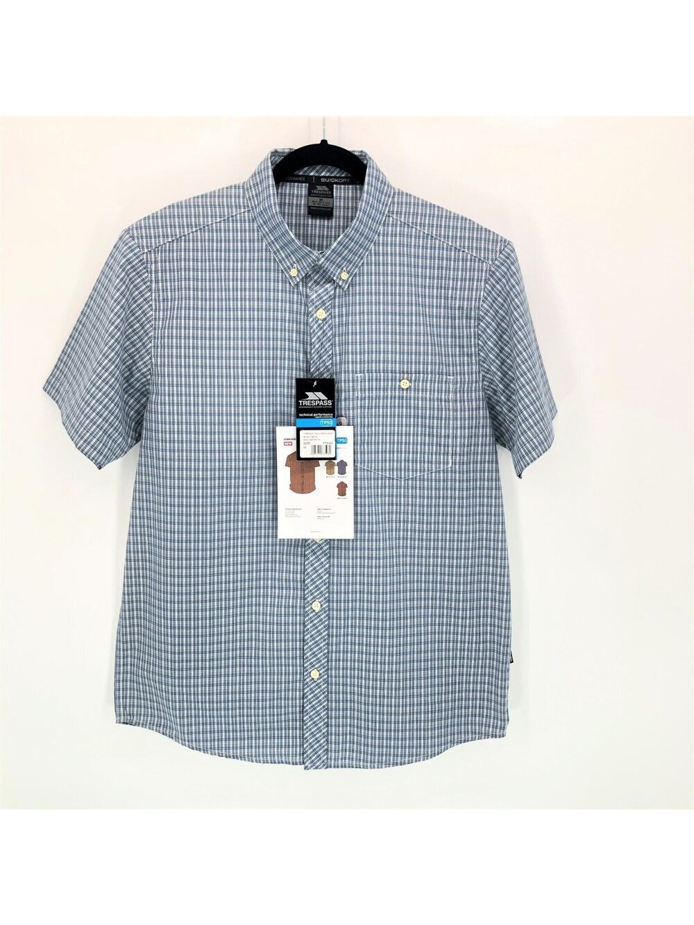 NEW Trespass Button Down Performance Shirt Mens Medium UXBridge Blue Plaid Check